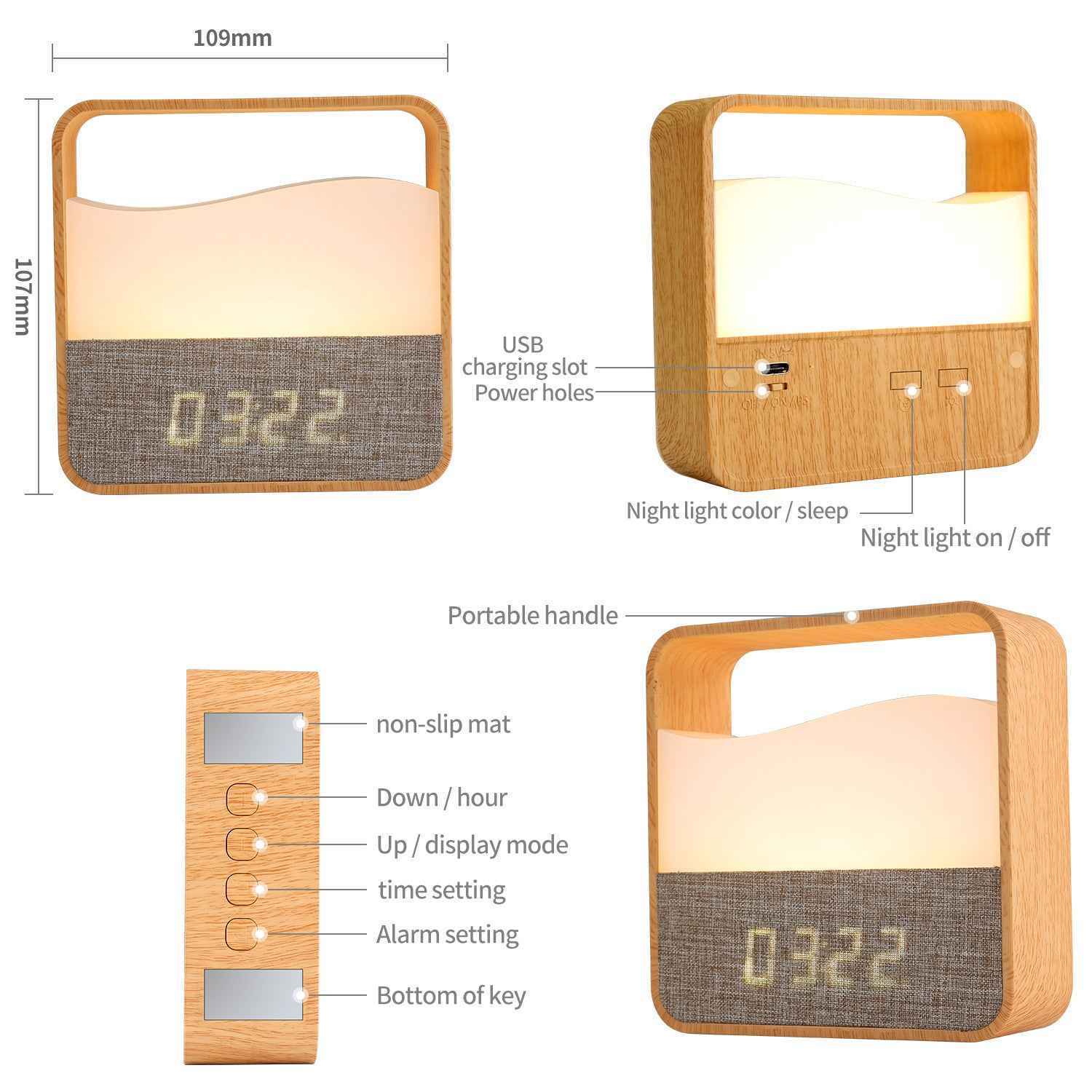 Alarm Clock Wood Grain Night Light Bedside Lamp Remote Control - LumaLair